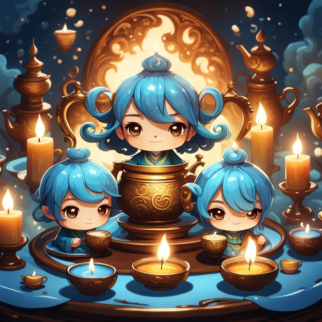 Chibi with Tea Set and Candles in Soft Light