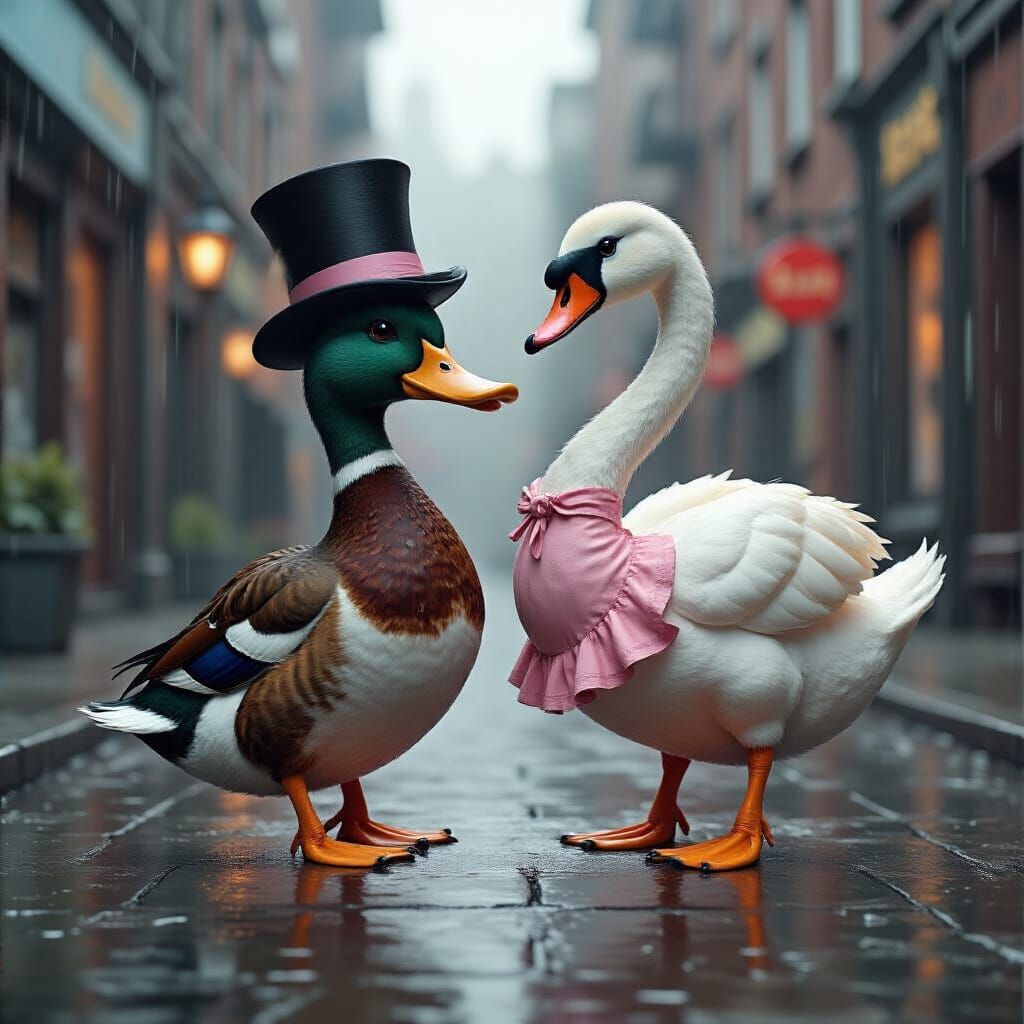 Dancing Duck and Swan in Rainy City, Digital Art