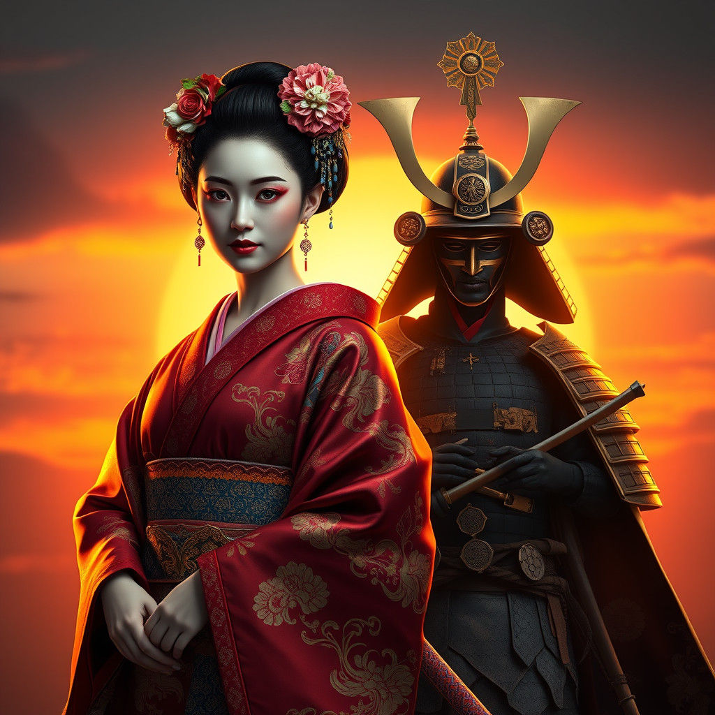 Geisha and Samurai in Ornate Armor, Digital Art