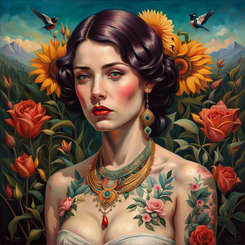 Vibrant Tattooed Woman Portrait in Surrealist Style