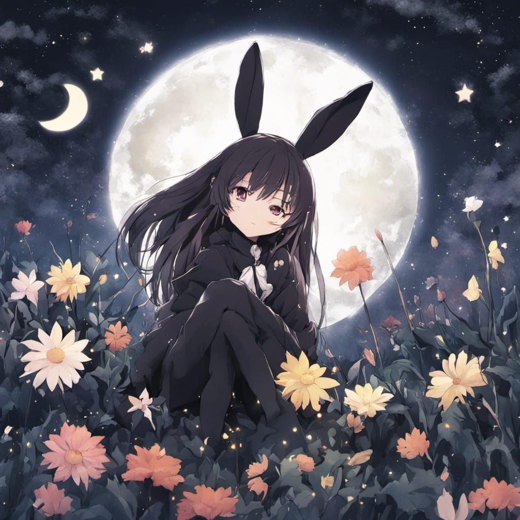 Black Rabbit in Starry Flower Field: Anime Style