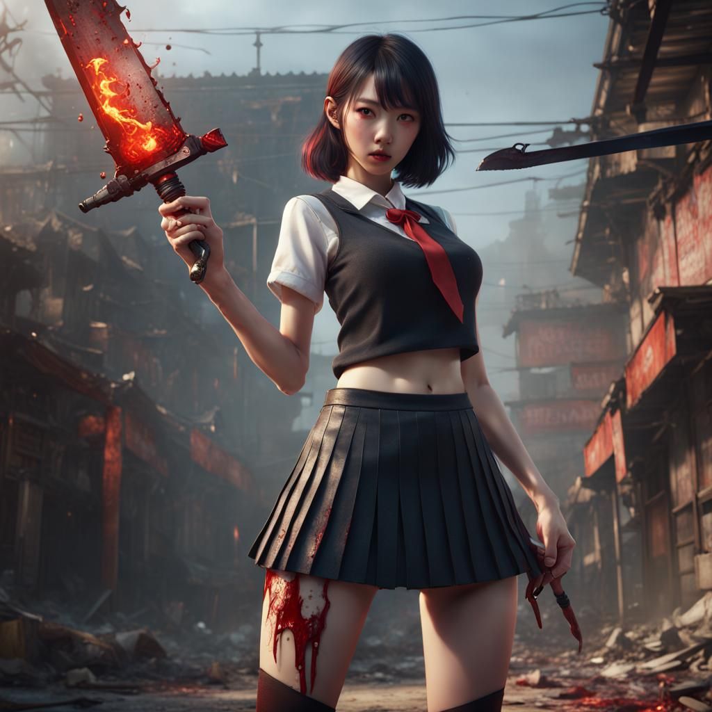 Bloody Schoolgirl with Knife in Fiery Fantasy Art