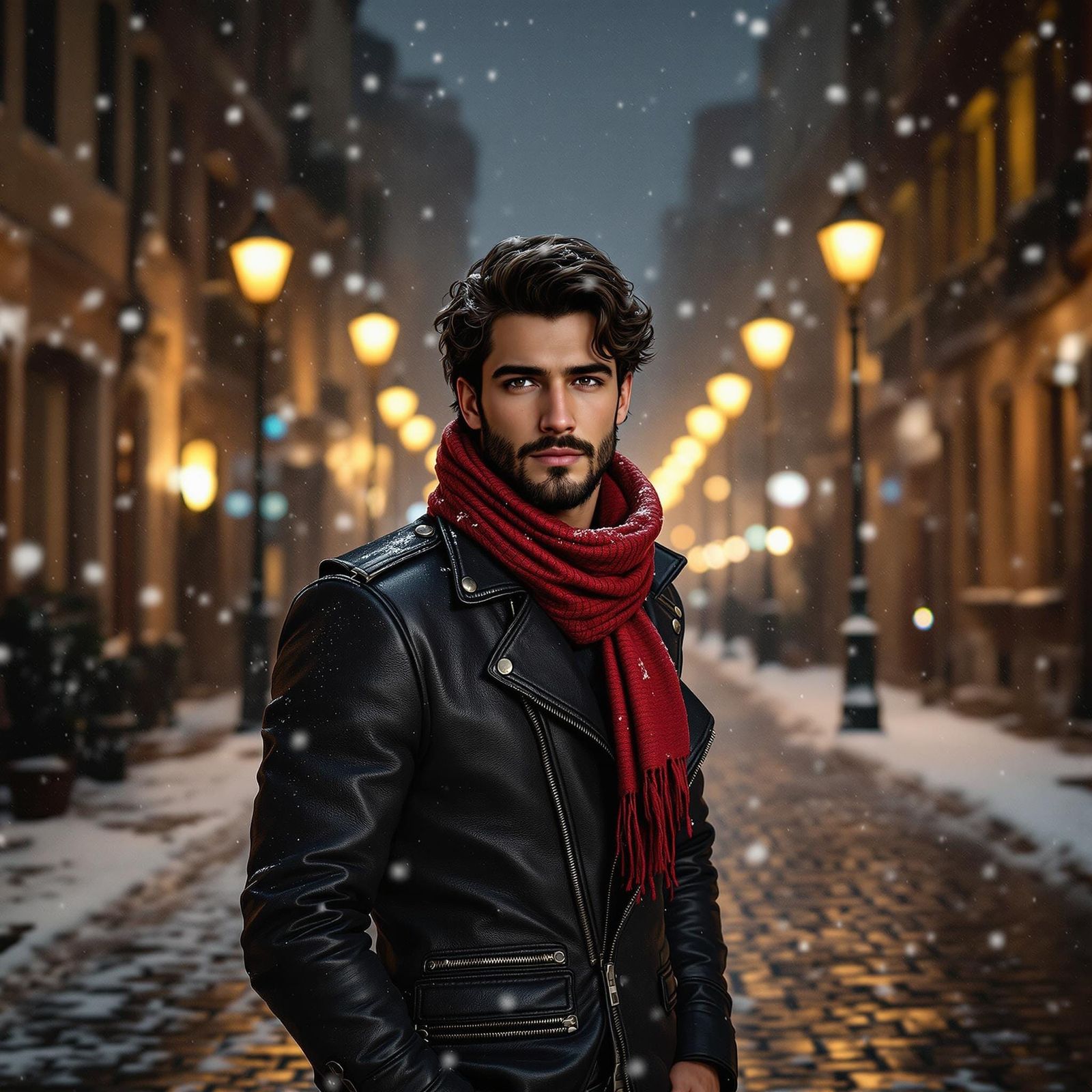 Confident Italian Athlete in Snowy Nighttime Scene