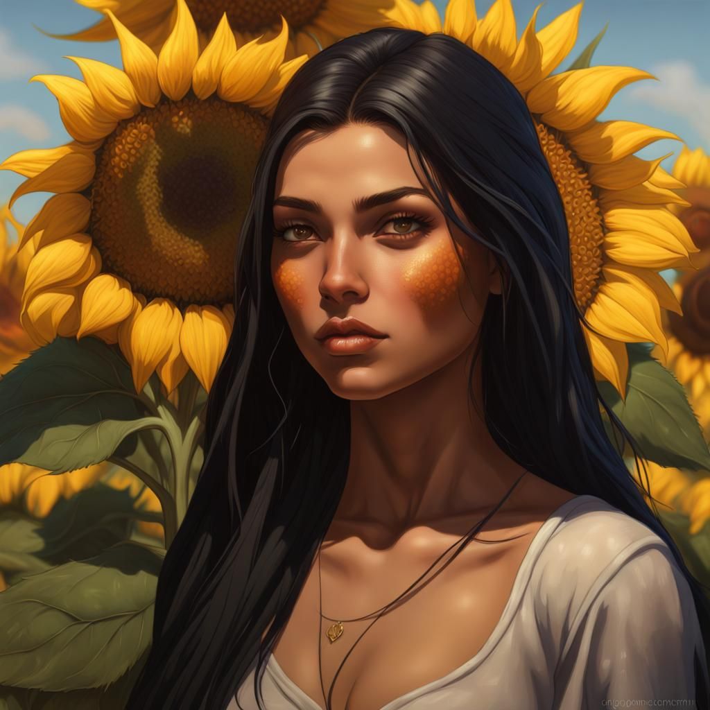 Sunflower Goddess Portrait in Hyperdetailed Splash Art