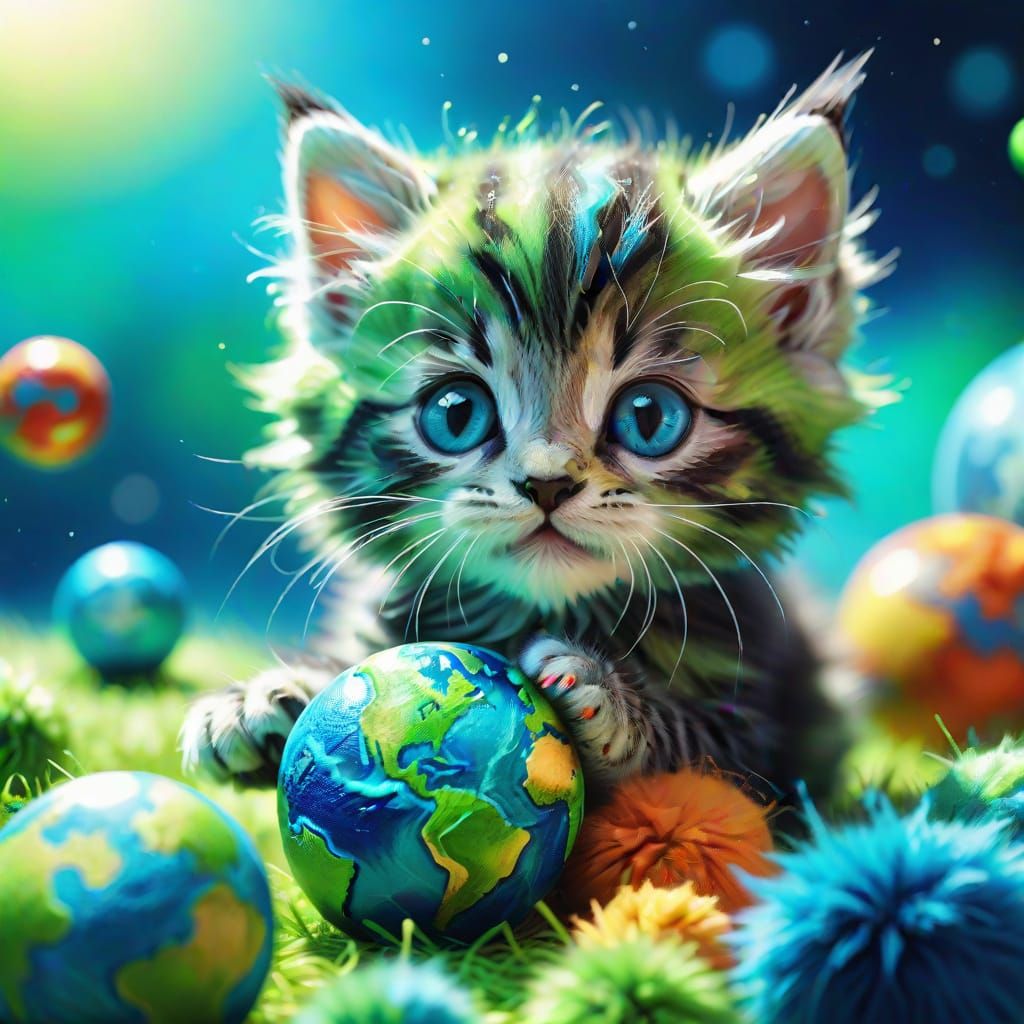 Kitten Plays with Earth Toy: Vibrant Digital Art