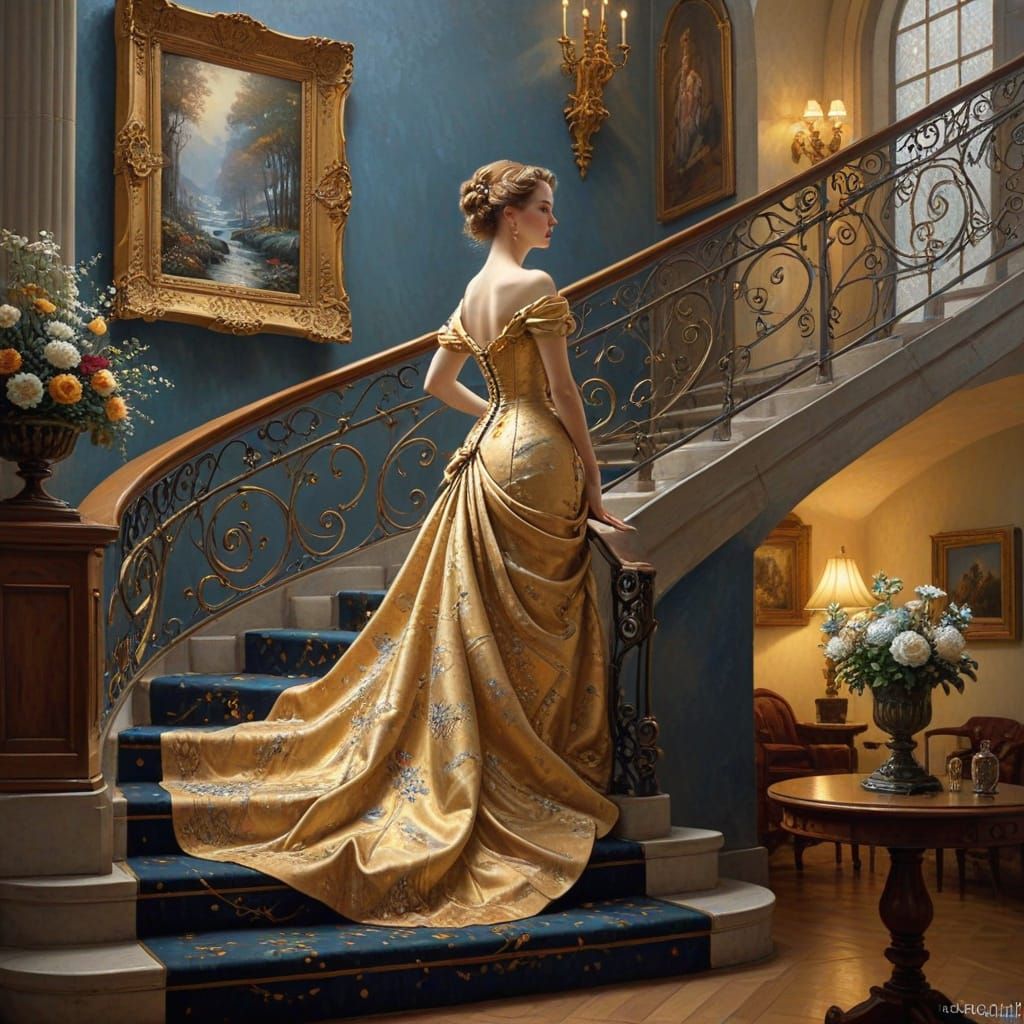 Victorian Elegance: Woman on Opulent Stairs