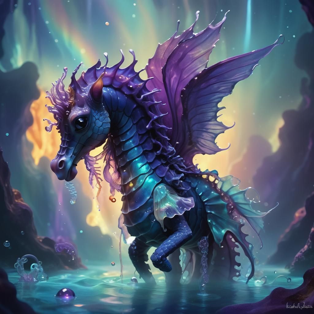 Atlantean Winged Seahorse in Ethereal Cave