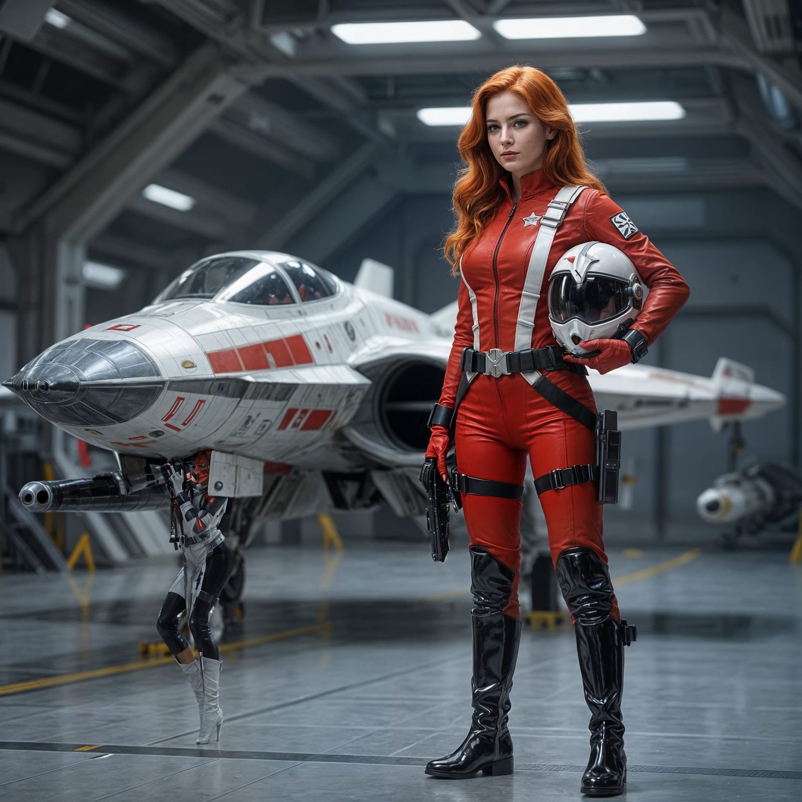 Redheaded Sci-Fi Heroine in Hangar with Starfighter