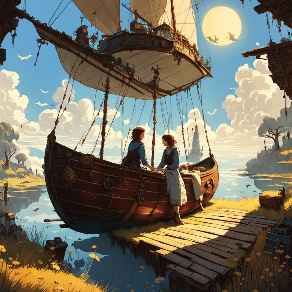 Teen Boy in Whimsical Flying Boat Scene