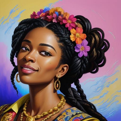 Regal Black Woman Smiles Under Floral Adornments in Impasto ...