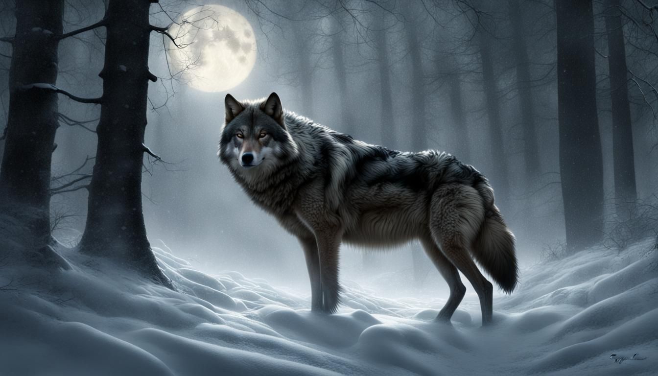 Lone Wolf in Winter Forest: Digital Matte Painting