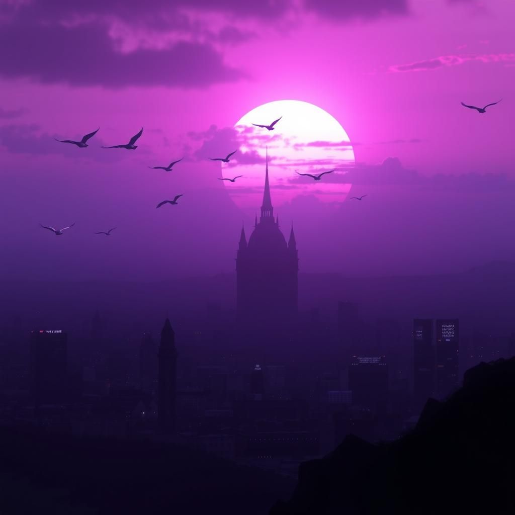 Purple Sunset Cityscape with Birds Forming 'HOME'