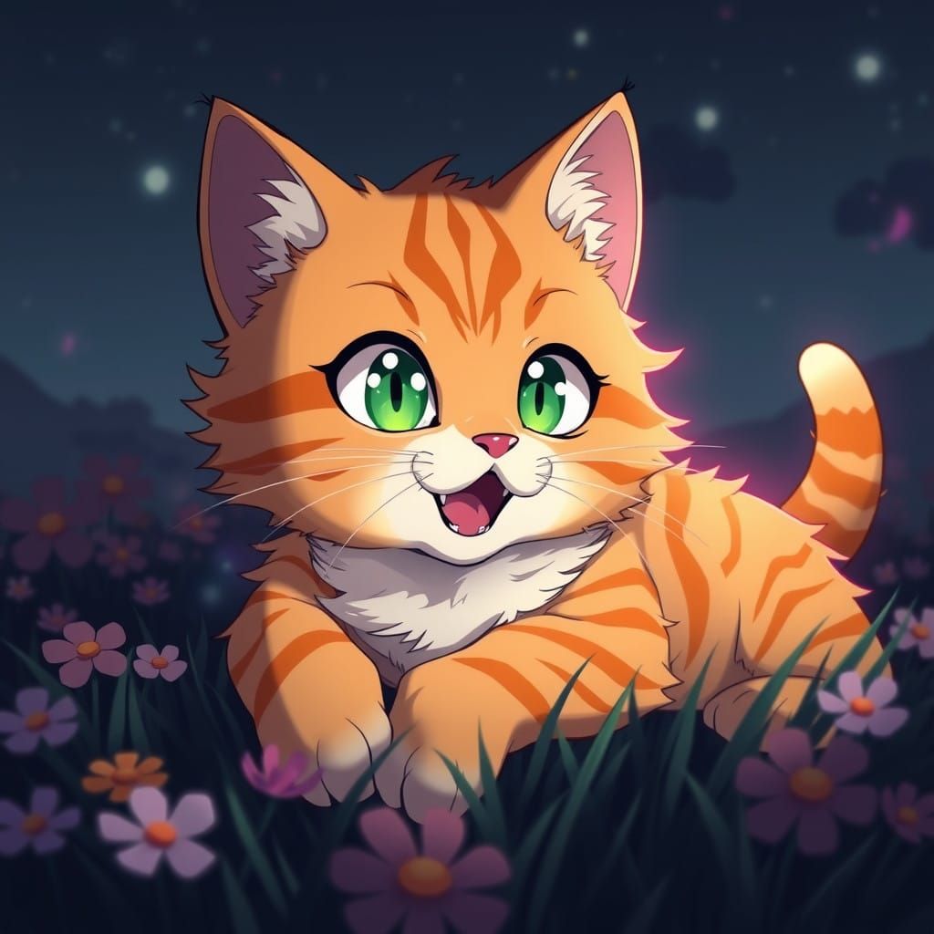 Anime Style Orange Cat Poses Adorably in a Moonlit Field