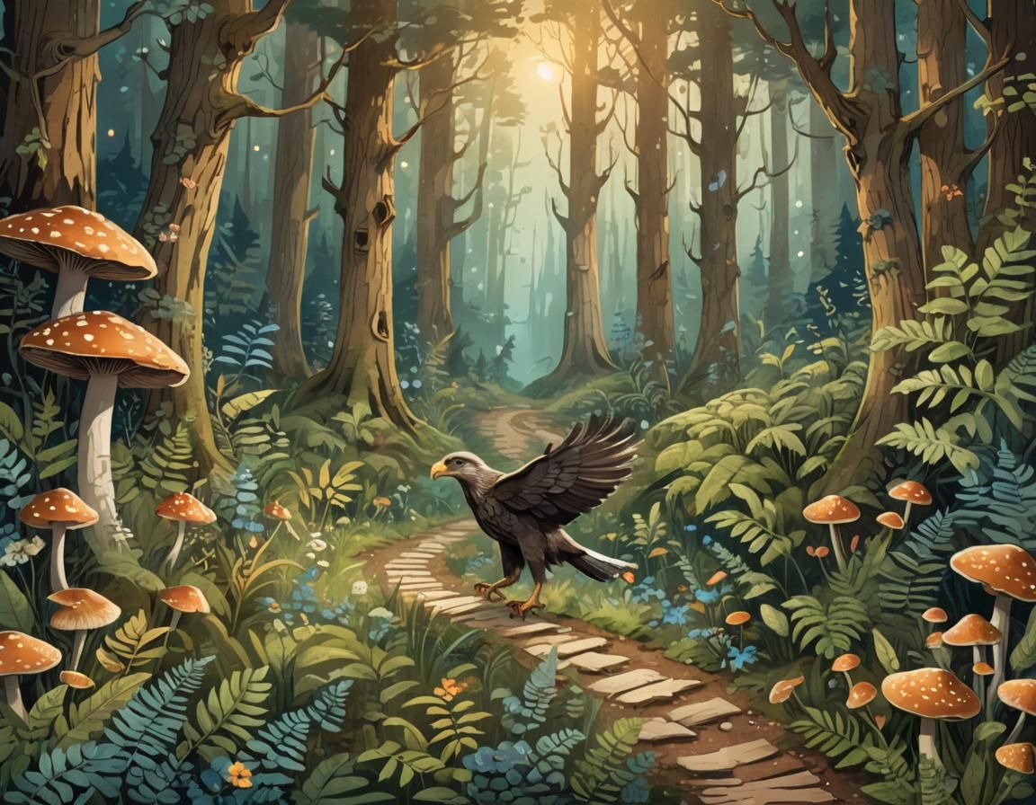 Fantasy Forest Path with Eaglet in Dreamy Illustration