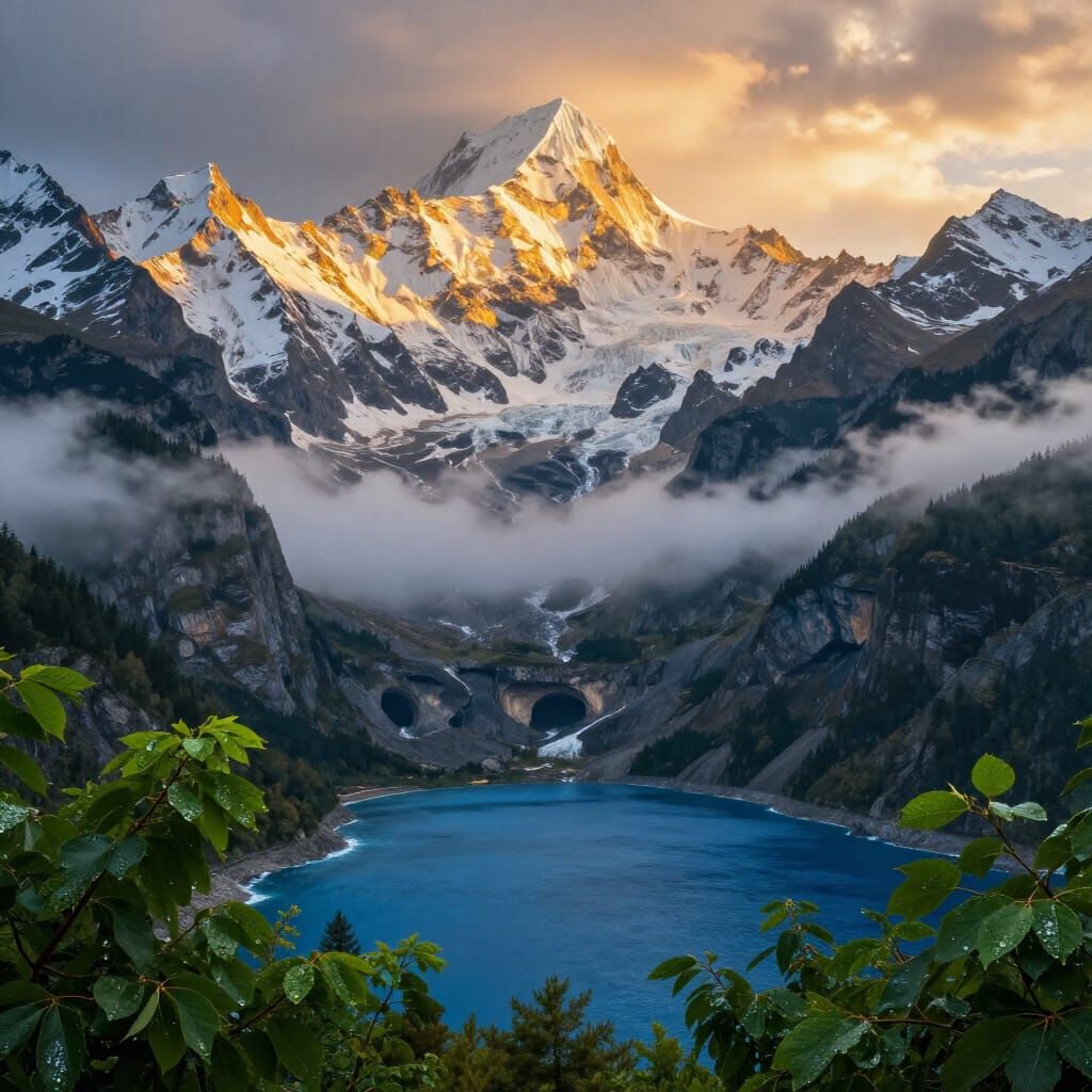 Dramatic Mountain Landscape at Sunset with Fog
