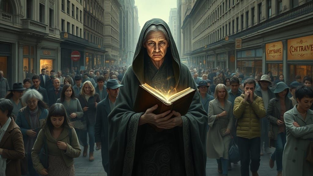 Solemn Woman Offers Wisdom in Bustling Cityscape