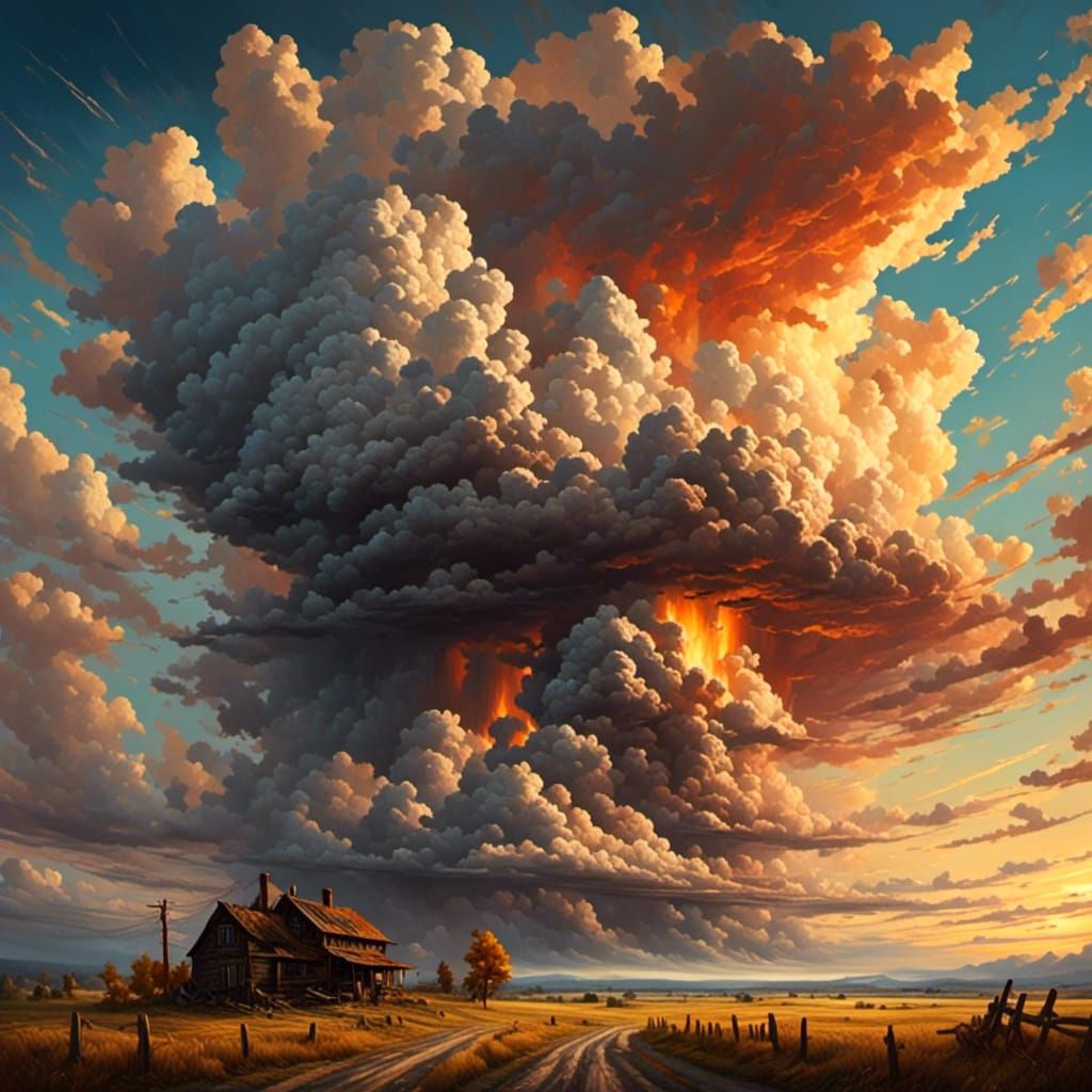 Apocalyptic Painting with Swirling Clouds and Wind