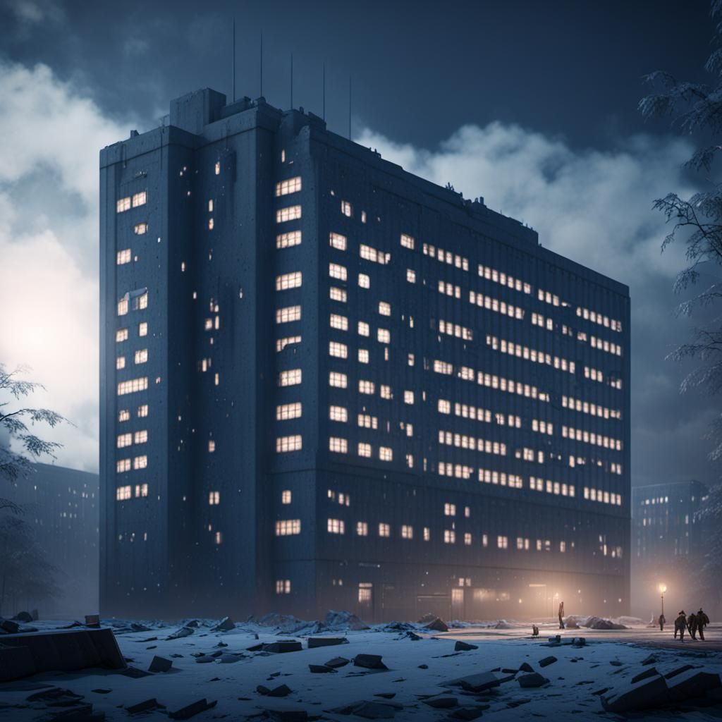 Brutalist Soviet Building at Night in 3D Style