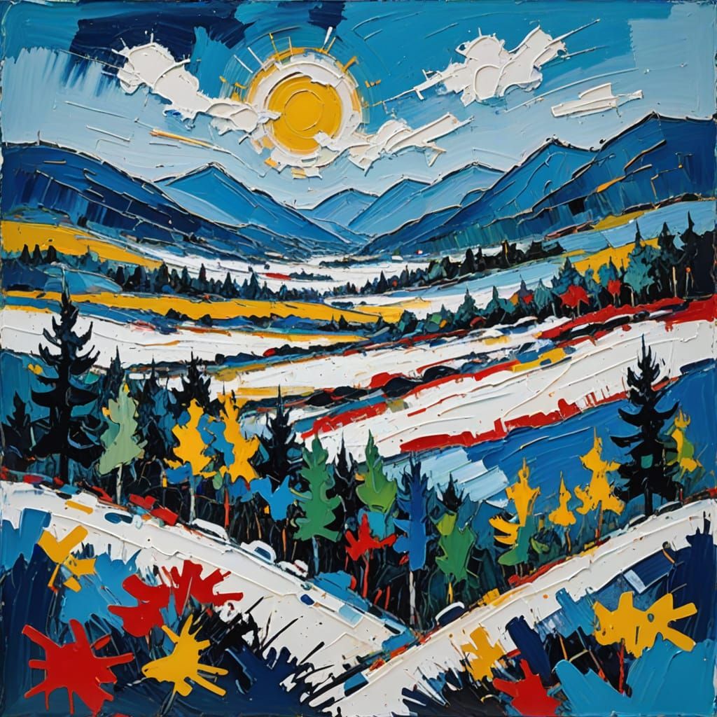 Abstract Blue Snowy Valley in Expressionist Style