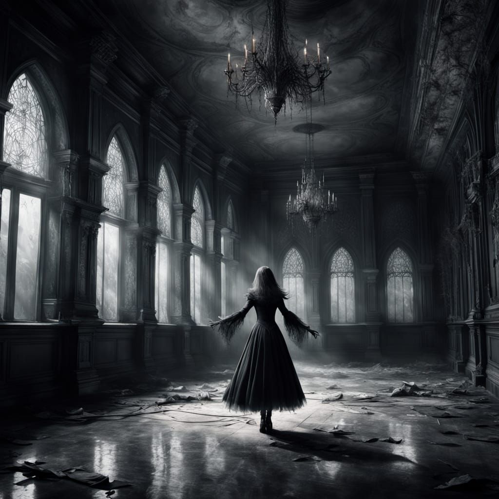 Witch in Spiderweb Dress in Gothic Mansion