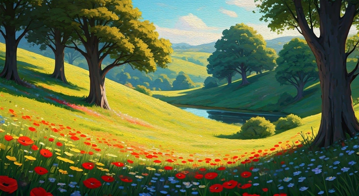 Rolling Hills of Emerald Green and Vibrant Flowers in a Sere...