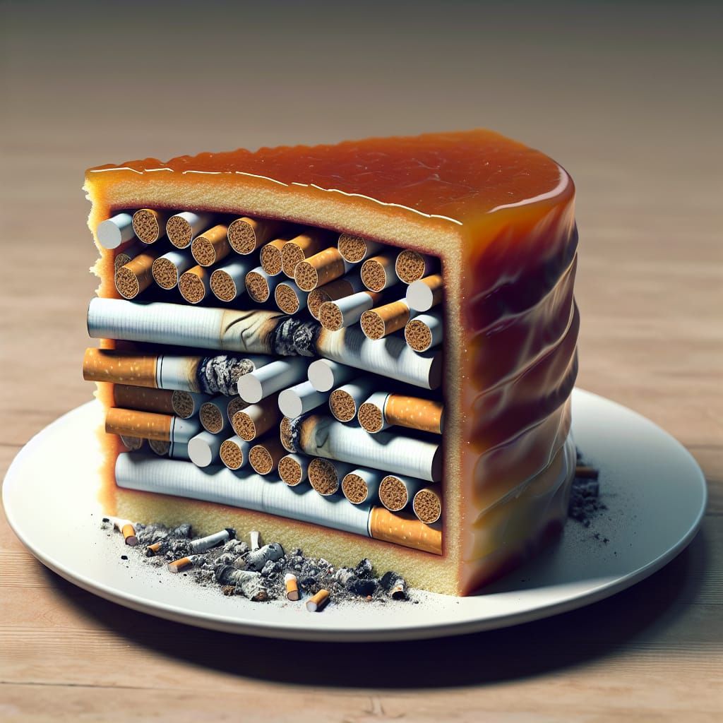 Hyperrealistic Cake Slice Filled with Cigarette Butts