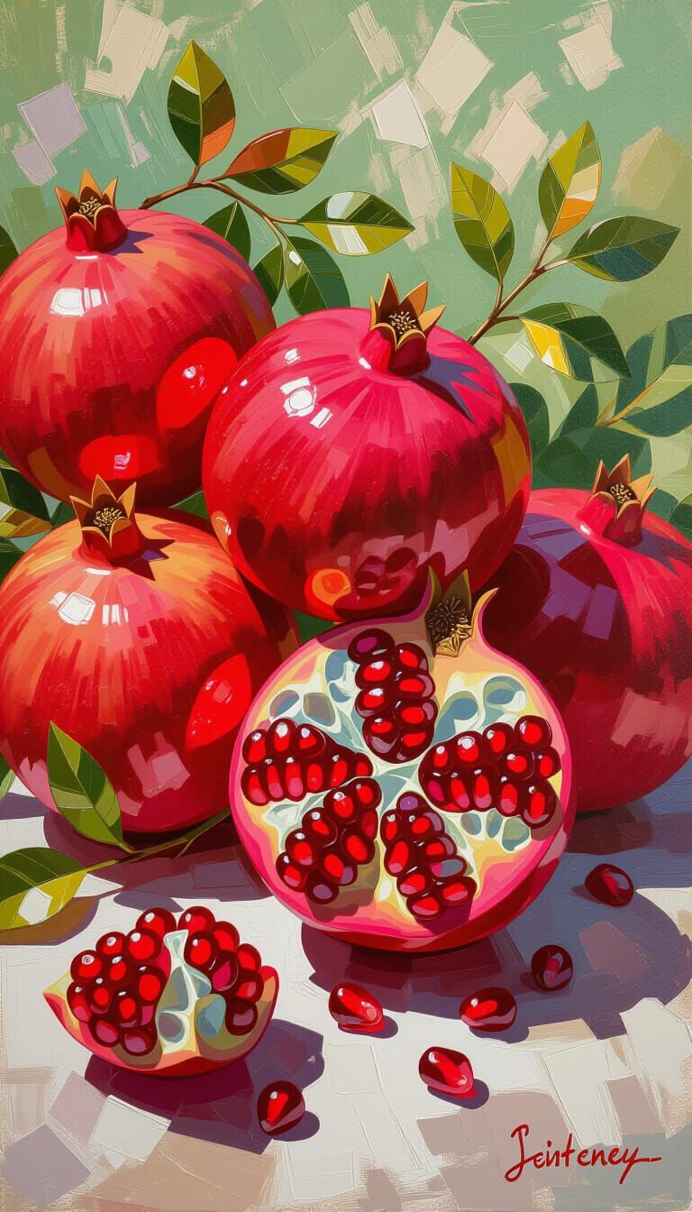 Juicy Pomegranates in Expressive Impasto Oil Painting