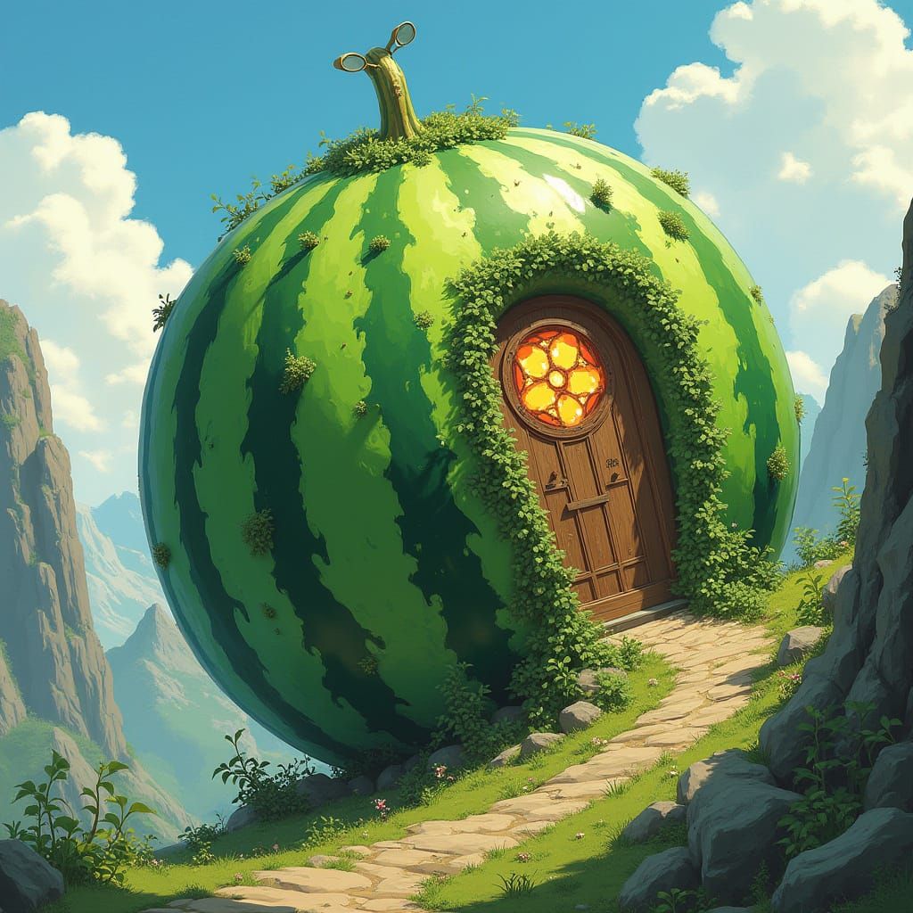 Surreal Watermelon Adventure Unfolds on a Majestic Mountain