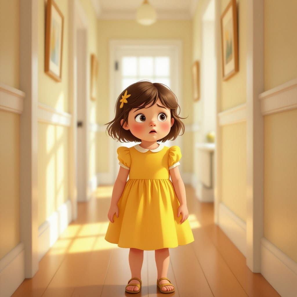 Worried Child in Hallway: Whimsical Art Style