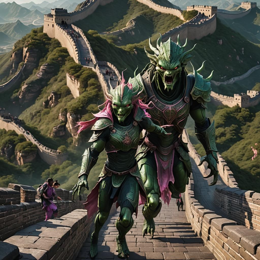 Aliens on Great Wall in Dark Fantasy Style