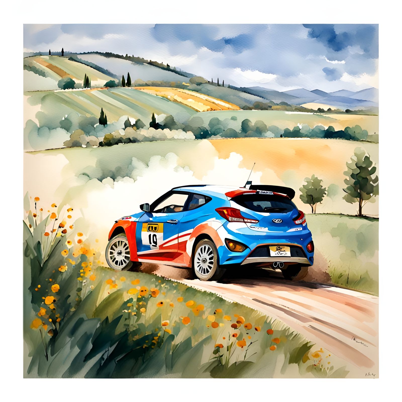 Hyundai Rally Car in Italian Countryside, Gouache Style