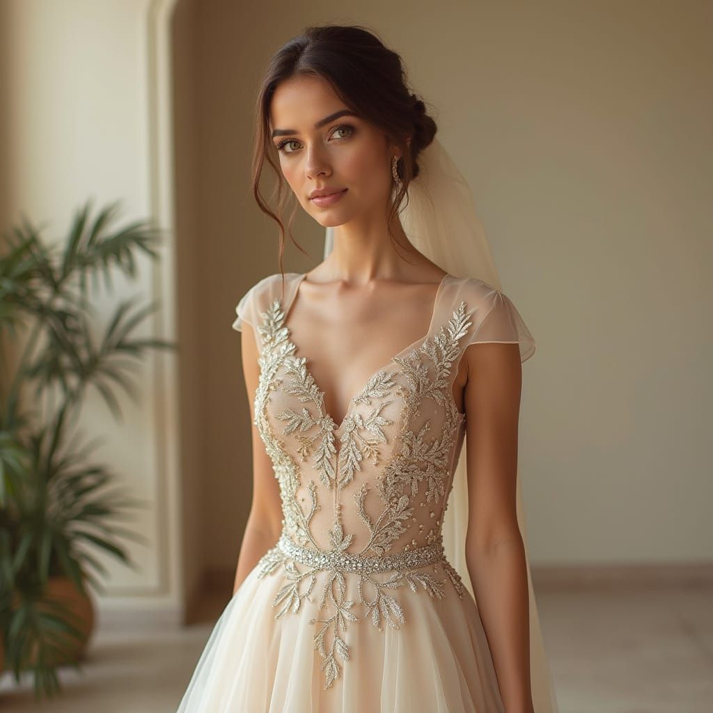 Bride in Beige Gown with Train and Veil