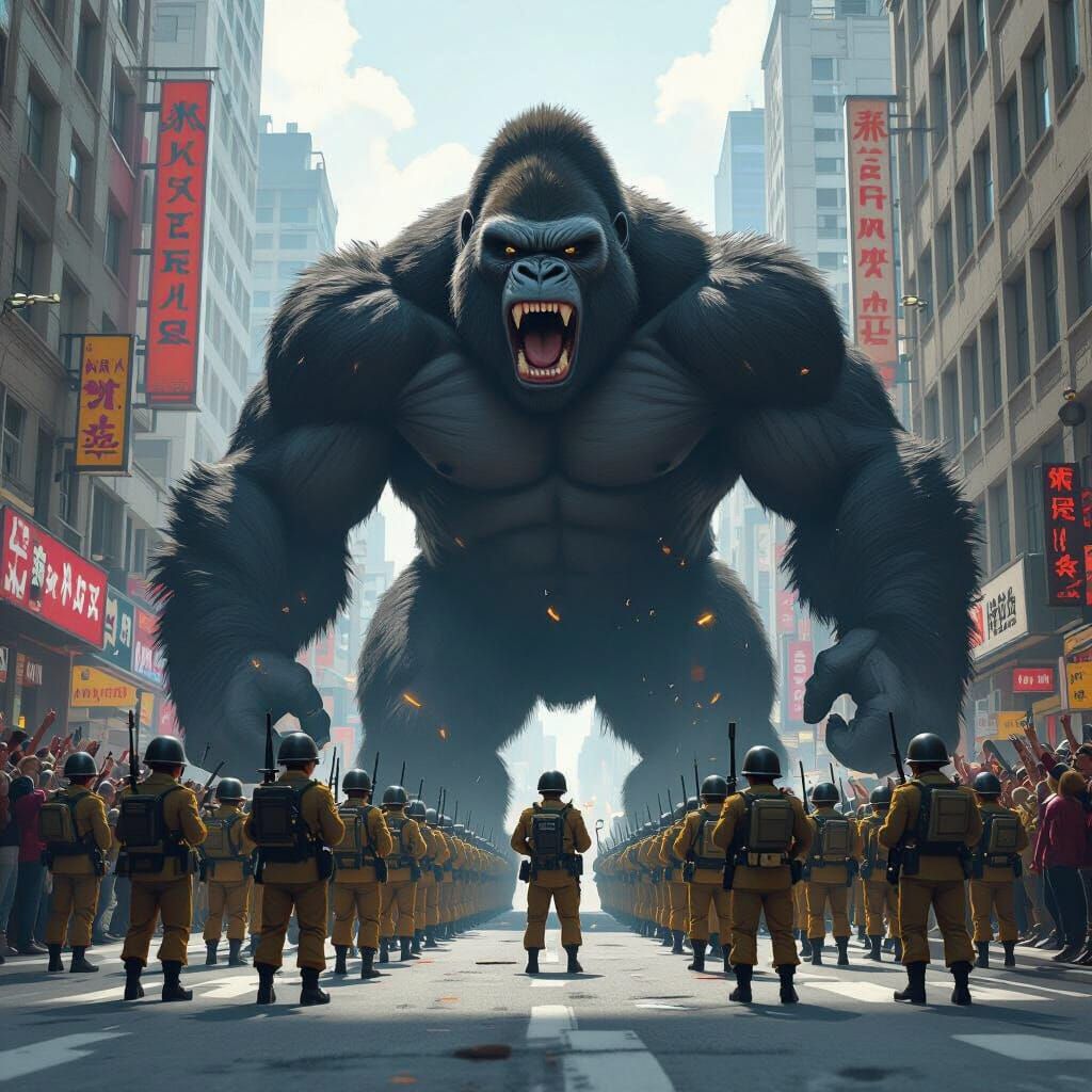 Tiny Soldiers Versus Giant Gorilla in Cityscape