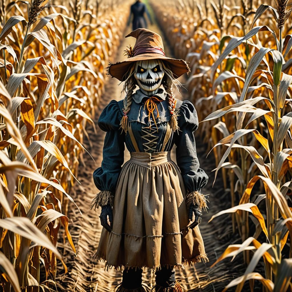 Haunted Cornfield Scarecrow in Autumn: Halloween Concept