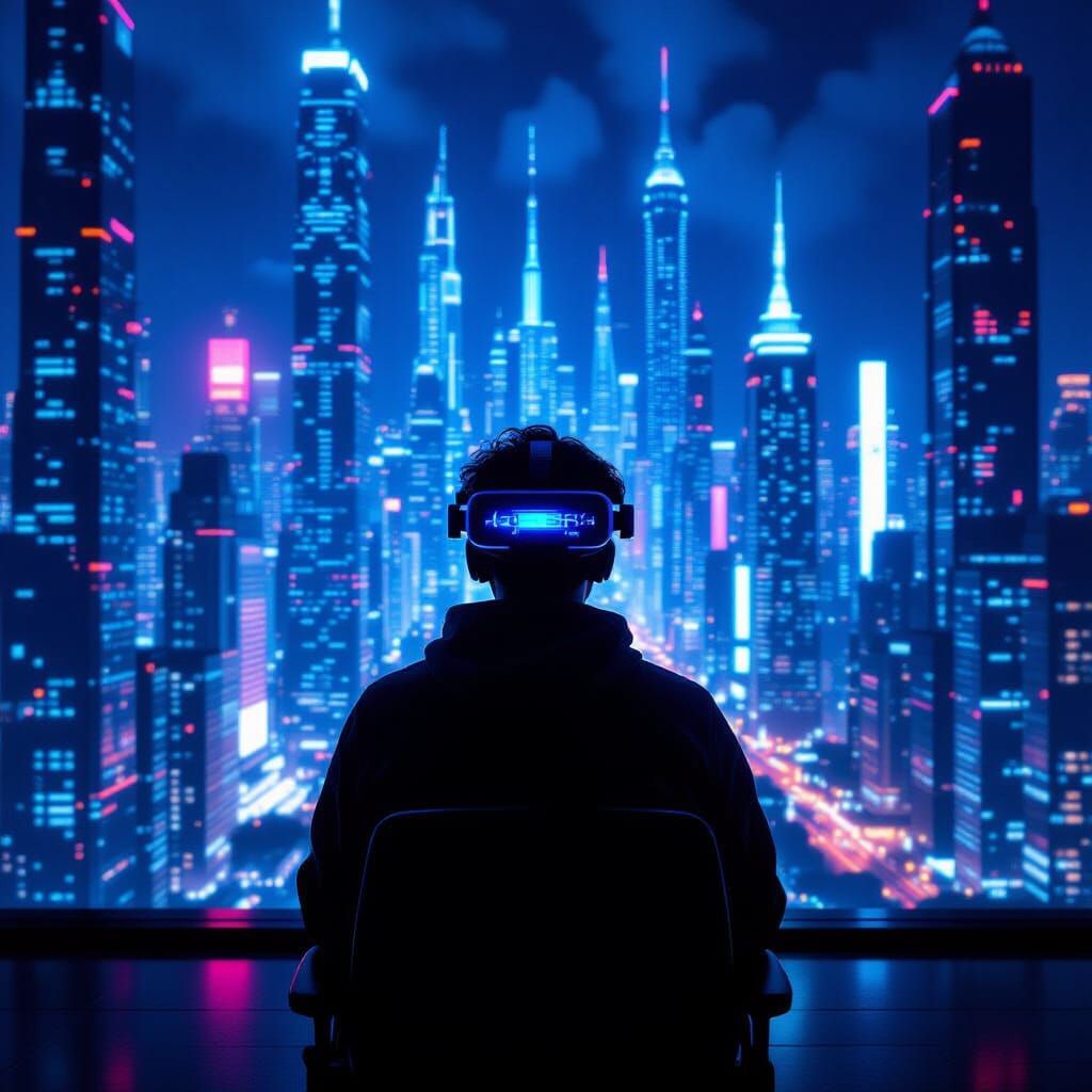 Holographic Programmer in Neon Cyberpunk Cityscape
