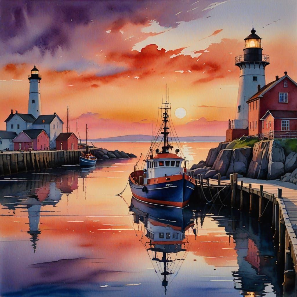 Sunset Harbor Scene with Trawler in Watercolor