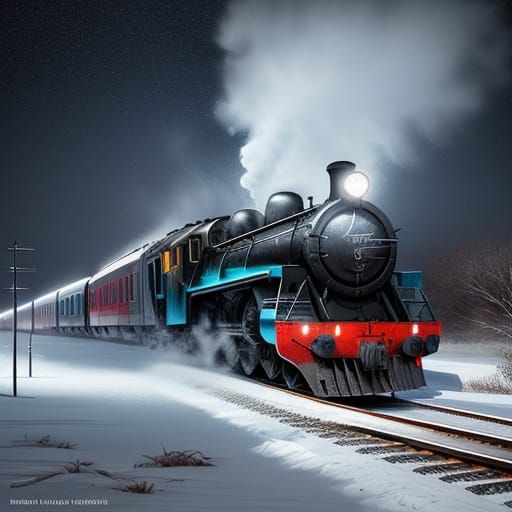 Hyperrealistic Train in Snowy Landscape Splash Art