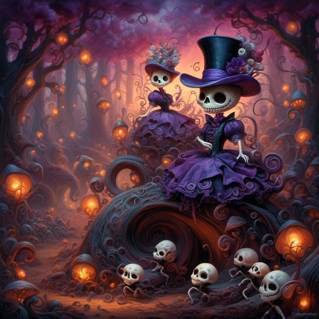 Whimsical Gothic Sugar Skulls in Forest