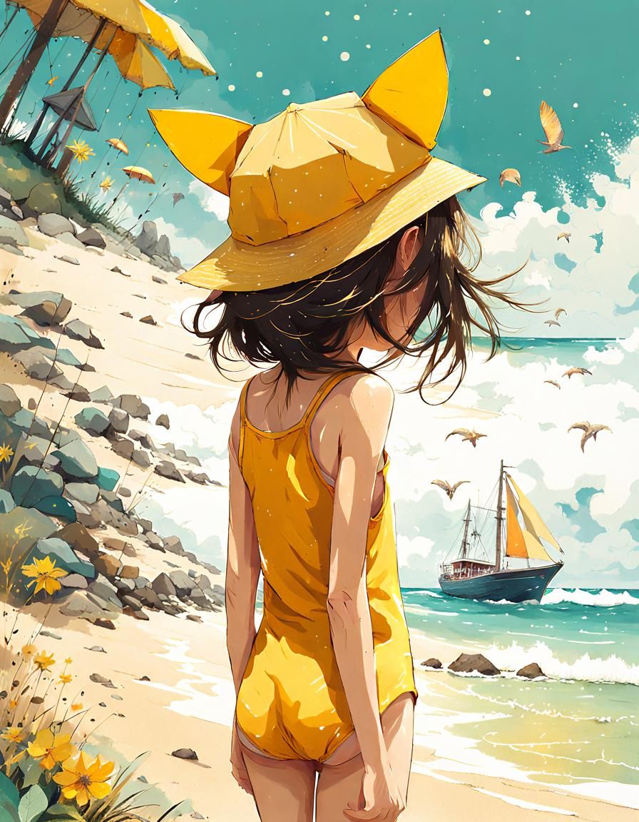Anime Cat-Ear Girl at the Beach