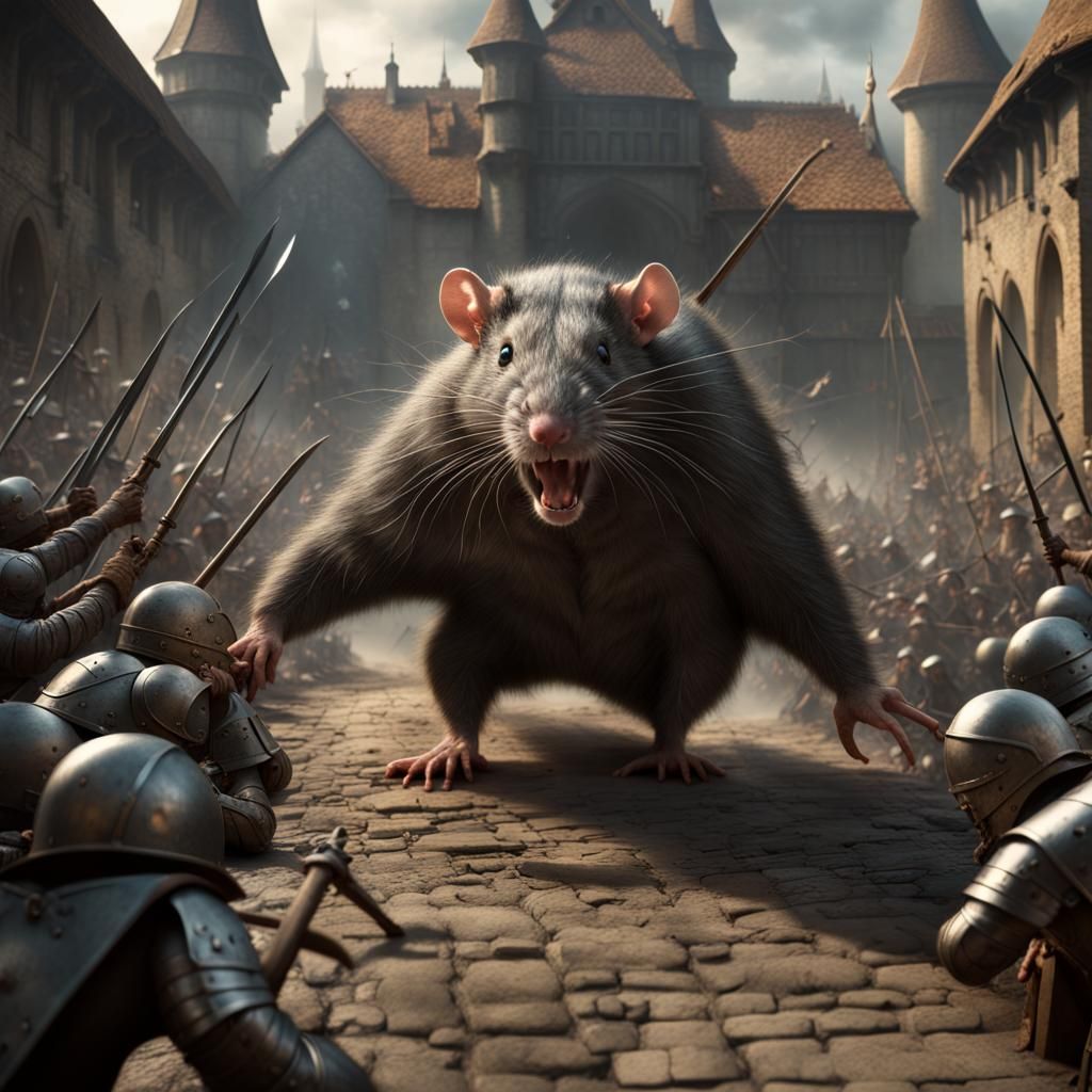 Giant Rat Attacks Medieval Army: Epic Digital Painting