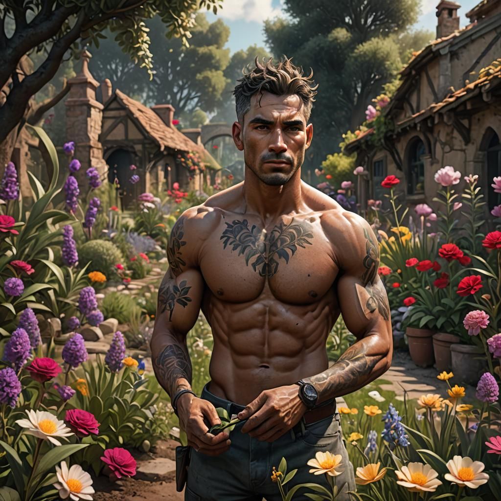 Tattooed Farmer in Flower Garden: Fantasy Concept Art