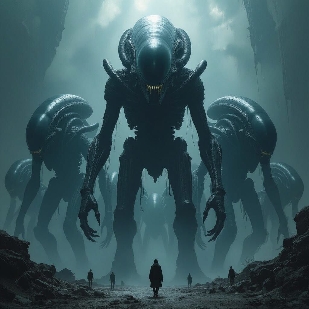 Colossal Xenomorphs in Biomechanical Dark Fantasy Style