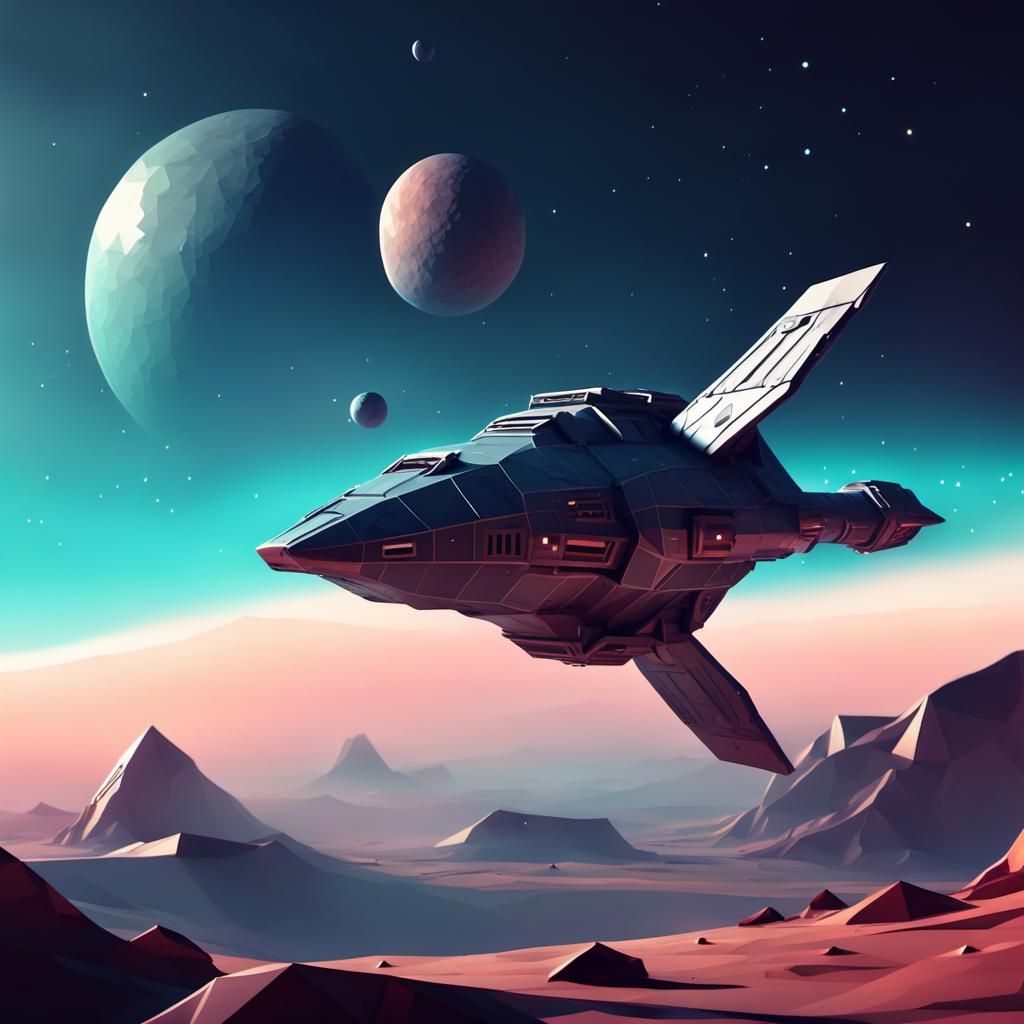 Low Poly Spaceship in Epic Sci-Fi Scene