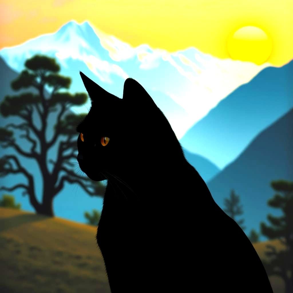 Serene Impressionist Painting of Cat Silhouette in Mountain ...