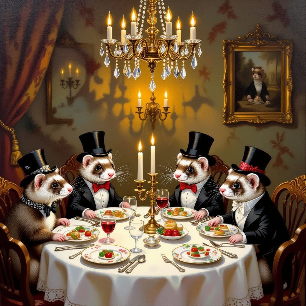 Ferrets Enjoying a Whimsical Oil Painting Dinner Party