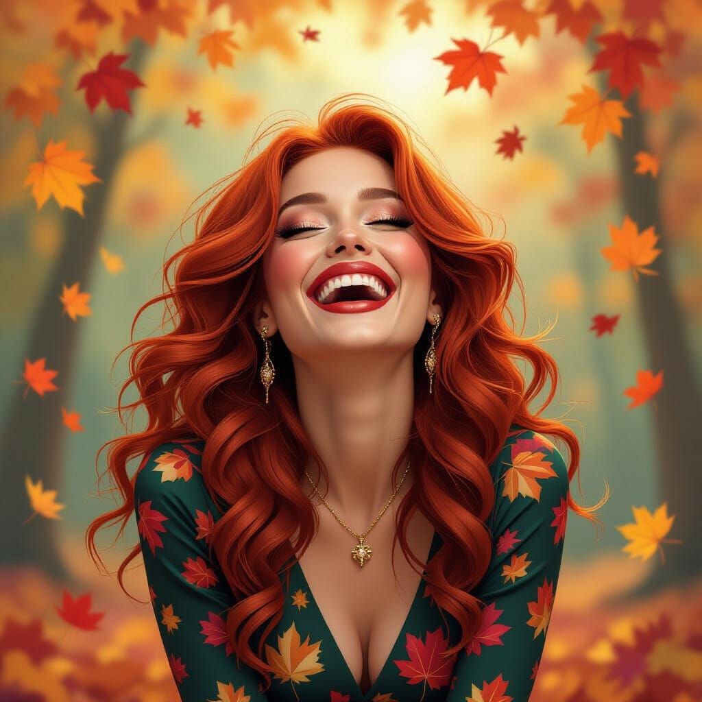 Redhead Femme Fatale Laughing in Surreal Autumn