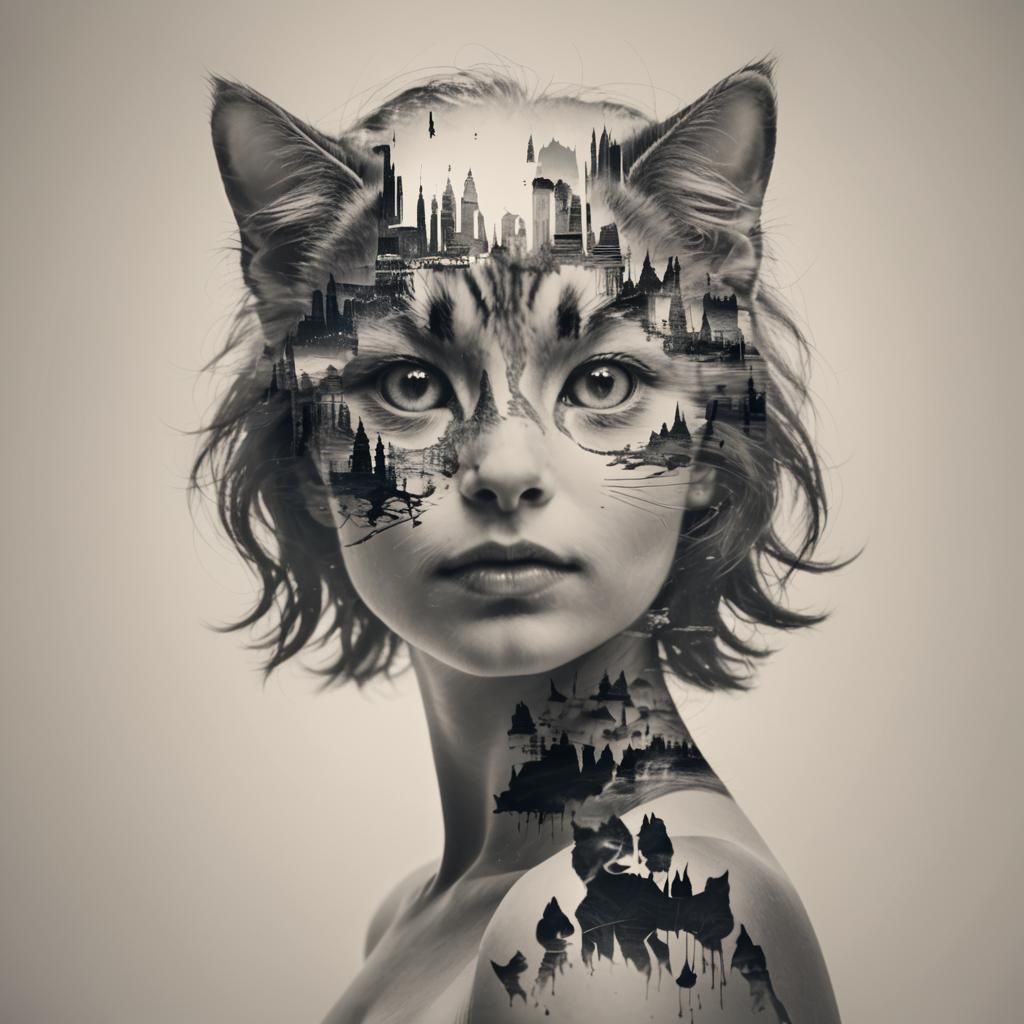 Double Exposure: Kitten Merged with Woman's Silhouette