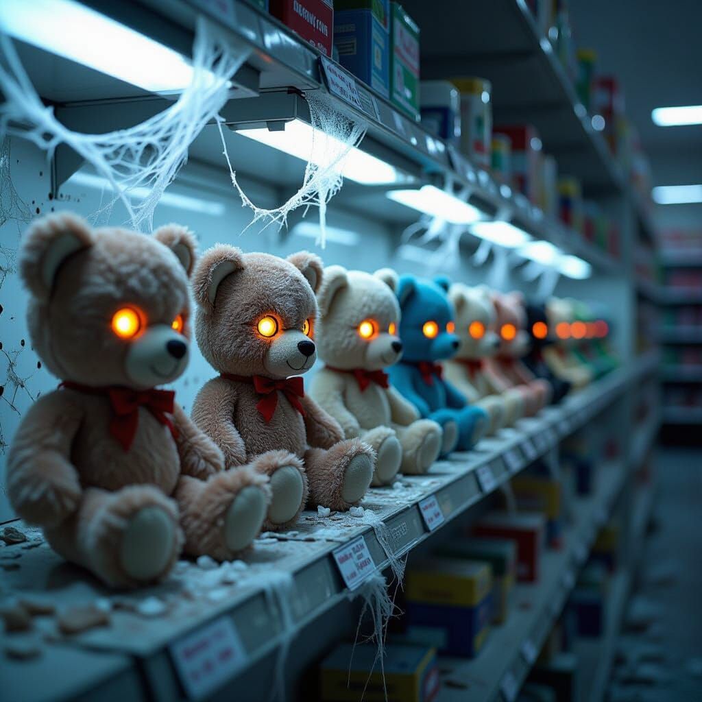 Sinister Plush Army on a Broken Toy Shelf