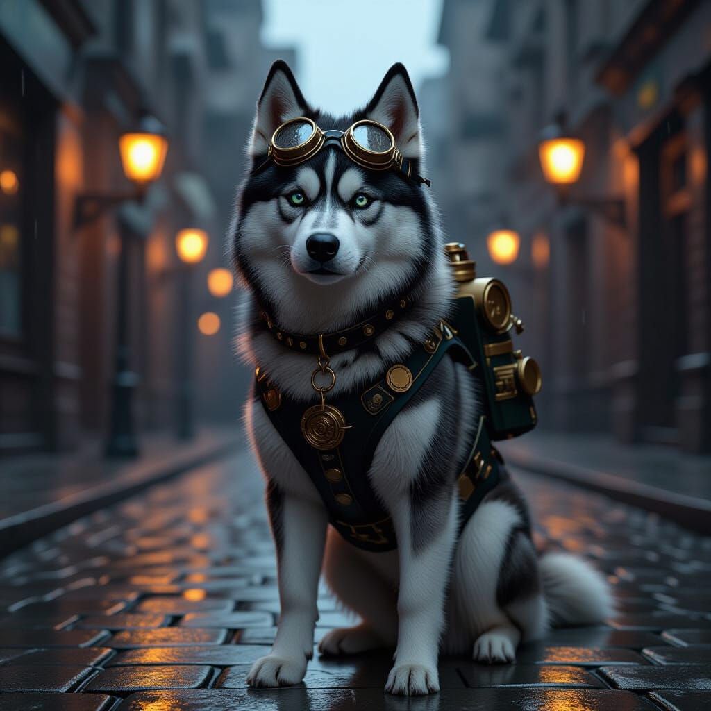 Photorealistic Husky in Steampunk Attire on Rainy Cobbleston...