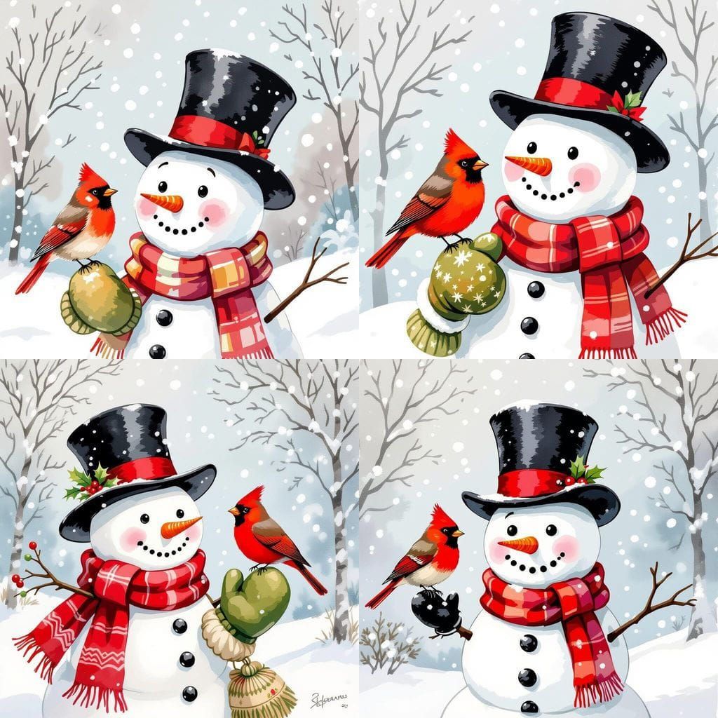 Happy Snowman with Bird in Watercolor Clip Art Style